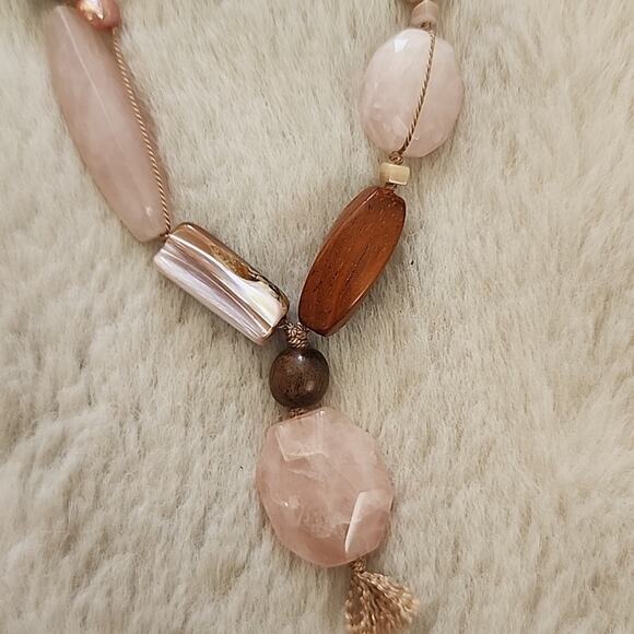 Peyote Bird Free Spirit Rose Quartz Brown Wood Beaded Leather Necklace NEW - Picture 4 of 12